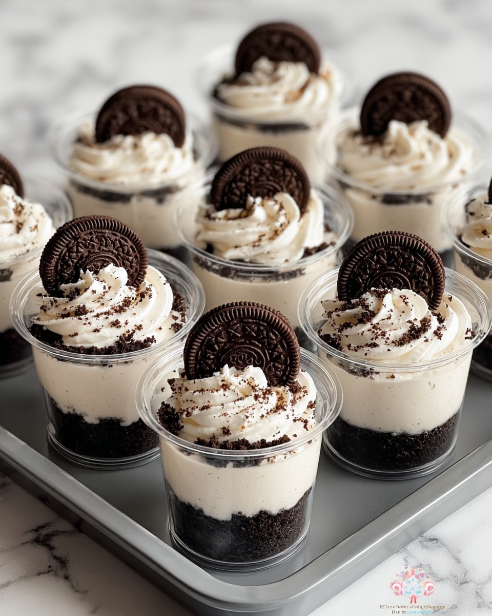 The image shows a tray of nine clear plastic cups holding layered Oreo desserts, arranged in three rows of three on a white marbled surface. Each cup has three visible layers: at the bottom is a creamy white base, followed by a middle layer of dark crushed Oreo crumbs, then topped with a thick swirl of smooth white whipped cream. A whole Oreo cookie is placed standing upright in the center of the whipped cream on each cup. The tray and background are simple and clean, emphasizing the rich contrasts of black and white in the dessert. Photo taken with an iphone --ar 4:5 --v 7