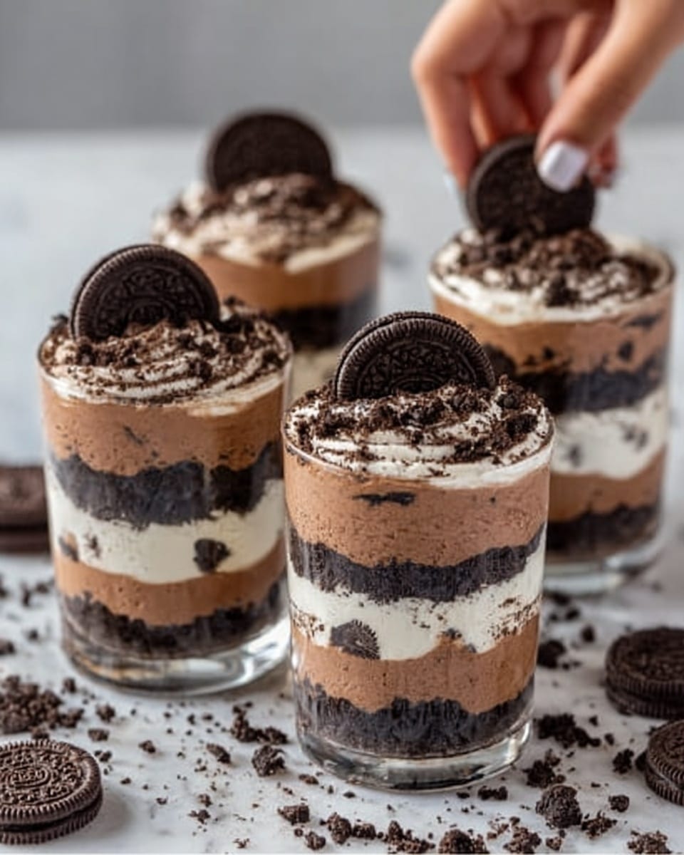 The image shows four clear glass cups filled with layered Oreo dessert. Each cup has about five layers, starting with a dark crushed Oreo base at the bottom, followed by a light brown creamy layer, then a white creamy layer with visible Oreo crumbs, another thick light brown creamy layer, and topped with more crushed Oreos and a whole Oreo cookie placed on the side near the top edge. The texture of the creamy layers looks smooth and fluffy, creating a rich contrast with the rough Oreo crumbs. The cups are placed on a white marbled surface with some Oreo crumbs and broken cookies scattered around. A woman's hand is holding one of the cups at the front. Photo taken with an iphone --ar 4:5 --v 7