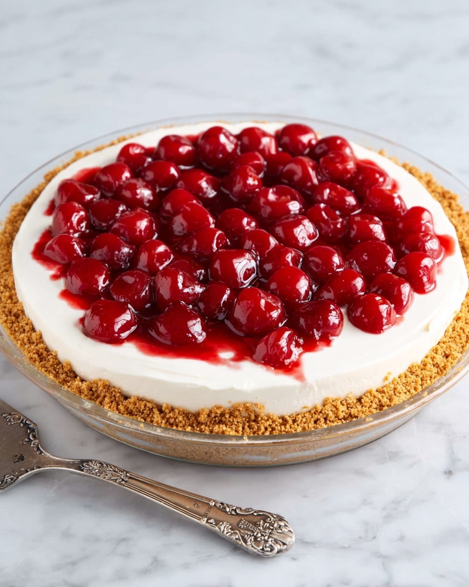 A round pie with three visible layers sits on a white marbled surface. The bottom layer is a golden brown crumb crust that forms the base and sides of the pie dish. Above that is a thick, smooth, white cream layer that fills the crust almost to the top. The top layer is made of bright red, glossy cherry topping with whole cherries and syrup, spread evenly over the cream. Next to the pie is a silver pie server with a decorated handle. Photo taken with an iphone --ar 4:5 --v 7
