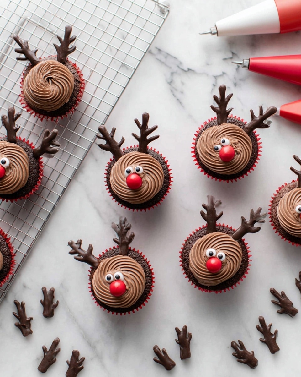 The image shows seven chocolate cupcakes decorated to look like reindeer. Each cupcake has three layers: the bottom red paper liner, a rich dark brown chocolate base, and a thick swirl of smooth milk chocolate frosting on top. On the frosting, two small black candy eyes are placed near the center, with a large, shiny red candy nose just below. Dark chocolate antlers made of piped chocolate pieces are stuck on top, giving a textured and curved shape to resemble real reindeer antlers. The cupcakes are arranged partly on a white wire cooling rack on the left, and the rest are directly on a white marbled surface. To the right, there are many more dark chocolate antlers set separately on the white marbled surface. Two icing bags with chocolate and red frosting tips are also visible at the top and bottom right corners. Photo taken with an iphone --ar 4:5 --v 7