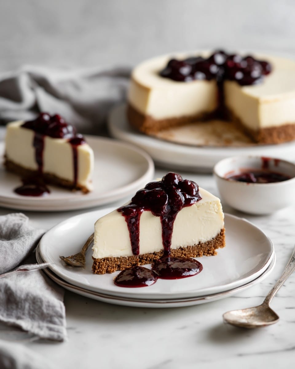 A creamy cheesecake with two visible layers sits on a white plate with a slightly raised edge; the bottom layer is a thick, crumbly brown crust, and the top layer is smooth, pale yellow cheesecake filling. One slice is cut and slightly pulled out to show the layers clearly. Two slices are served on white plates, each topped with a dark purple berry sauce that drips down the side, adding a glossy texture. A small white bowl filled with more berry sauce and a spoon is placed near the plates. The scene is set on a white marbled textured surface with a soft gray cloth casually folded in the background. photo taken with an iphone --ar 4:5 --v 7