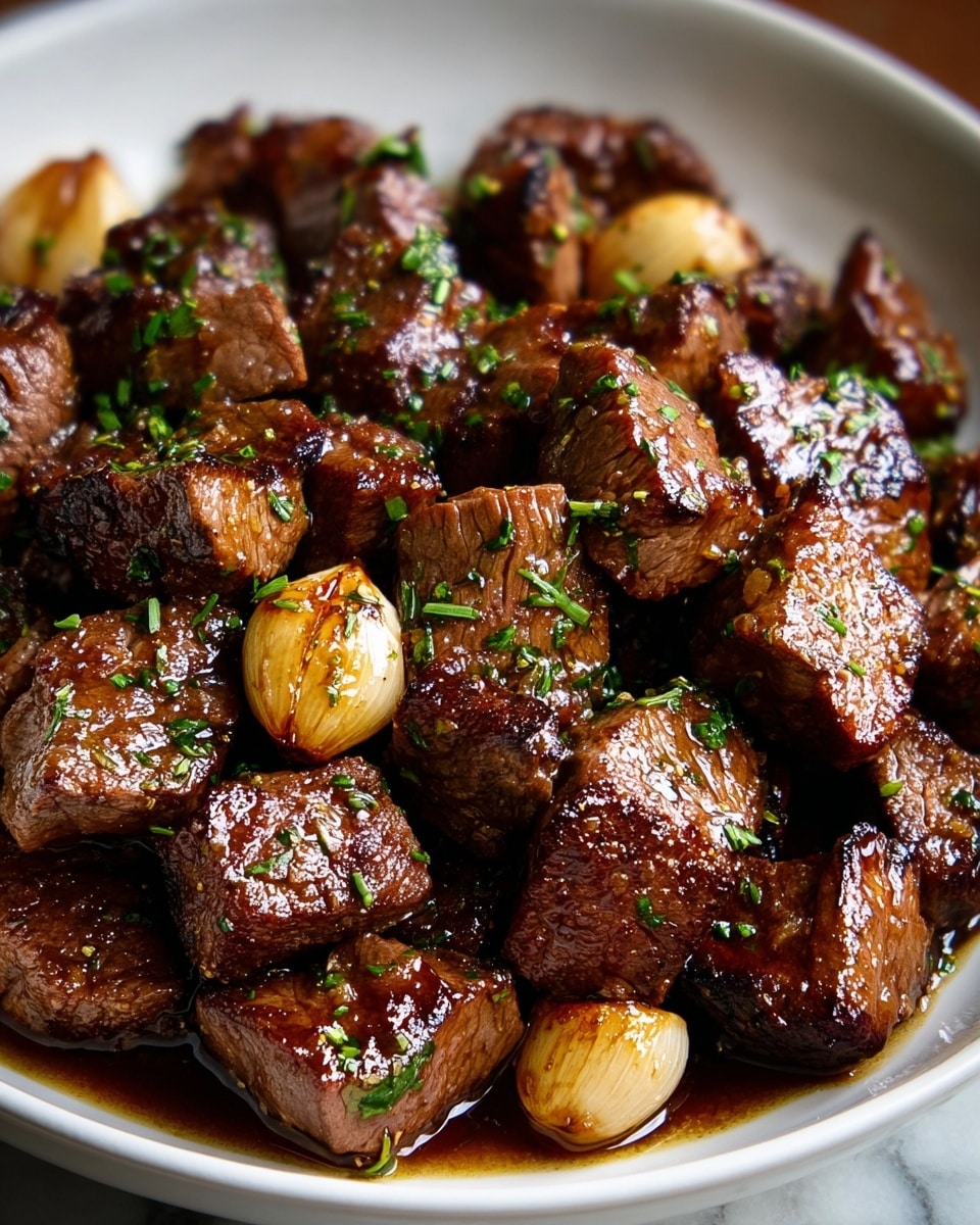 A white bowl filled with many small, browned beef cubes that have a shiny glaze, some with slightly charred edges. Scattered bits of green herbs are sprinkled over the meat, and several whole roasted garlic cloves are mixed in among the beef pieces. The bowl sits on a white marbled surface. photo taken with an iphone --ar 4:5 --v 7