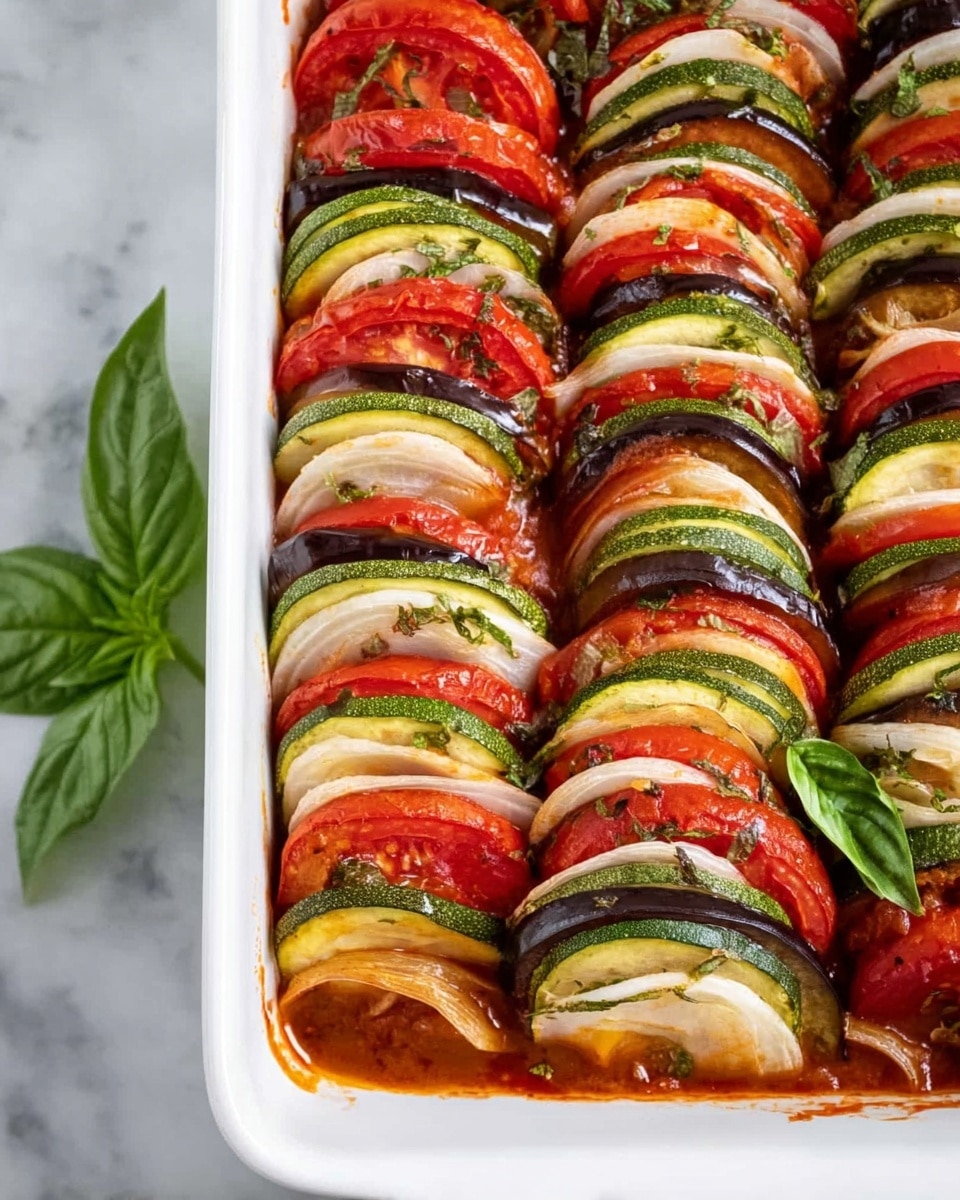 This image shows a white rectangular baking dish filled with a colorful vegetable layered dish. The vegetables are sliced and arranged in repeating vertical rows of tomato red, zucchini green, eggplant purple, and onion white layers. Each slice is thin and slightly cooked, showing a mix of smooth and soft textures. The vegetables are placed standing next to each other tightly in the sauce, which looks rich and tomato-based, visible between the slices and around the edges. There is a fresh green basil leaf garnish placed on the side of the dish. The dish sits on a white marbled surface. Photo taken with an iphone --ar 4:5 --v 7