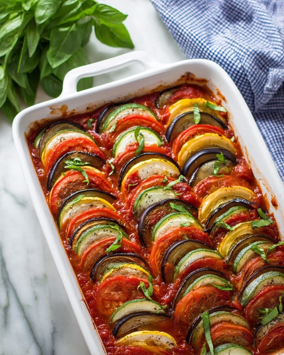 A white baking dish holds a colorful ratatouille arranged in neat rows of thin vegetable slices. Each row layers five types of vegetables: dark purple eggplant, red tomato, green zucchini, white onion, and orange-yellow squash, with the slices standing close together and slightly overlapping. The vegetables sit in a chunky red tomato sauce that lines the bottom of the dish. Fresh green basil leaves, torn and whole, are scattered on top for garnish. The dish rests on a white marbled surface next to a bunch of fresh basil and a blue checkered cloth. Photo taken with an iphone --ar 4:5 --v 7