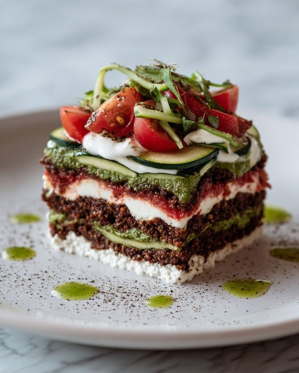 A layered dish served on a white plate, placed on a white marbled texture surface. The dish is square-shaped with five visible layers: the bottom layer is a crumbly white cheese, followed by a dark crumbled mixture, then a layer of thin light green zucchini slices. Above that is another layer of white cheese, topped with more of the dark crumbled mixture. On top, there is thick green pesto spread with thin zucchini slices arranged on top, and a whole slice of red tomato is visible underneath the pesto. The dish is crowned with a dollop of white cream, small diced red tomatoes, and thin green basil strips sprinkled on top. There are a few drops of olive oil and black pepper sprinkled around the plate. photo taken with an iphone --ar 4:5 --v 7