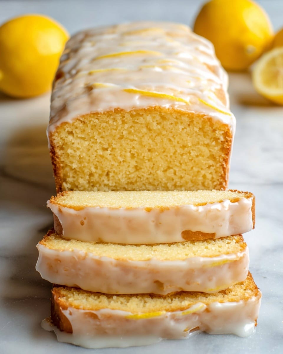 The image shows a lemon loaf cake with four slices cut and stacked in front of the main loaf. The cake has a light yellow color with a soft, slightly crumbly texture. Each slice is covered with a thin layer of translucent icing on top that drips slightly down the sides. The whole loaf also has this icing spread unevenly on top. The cake sits on a light, white marbled background, and there are whole lemons blurred out in the background on either side, adding bright yellow color contrasts. photo taken with an iphone --ar 4:5 --v 7