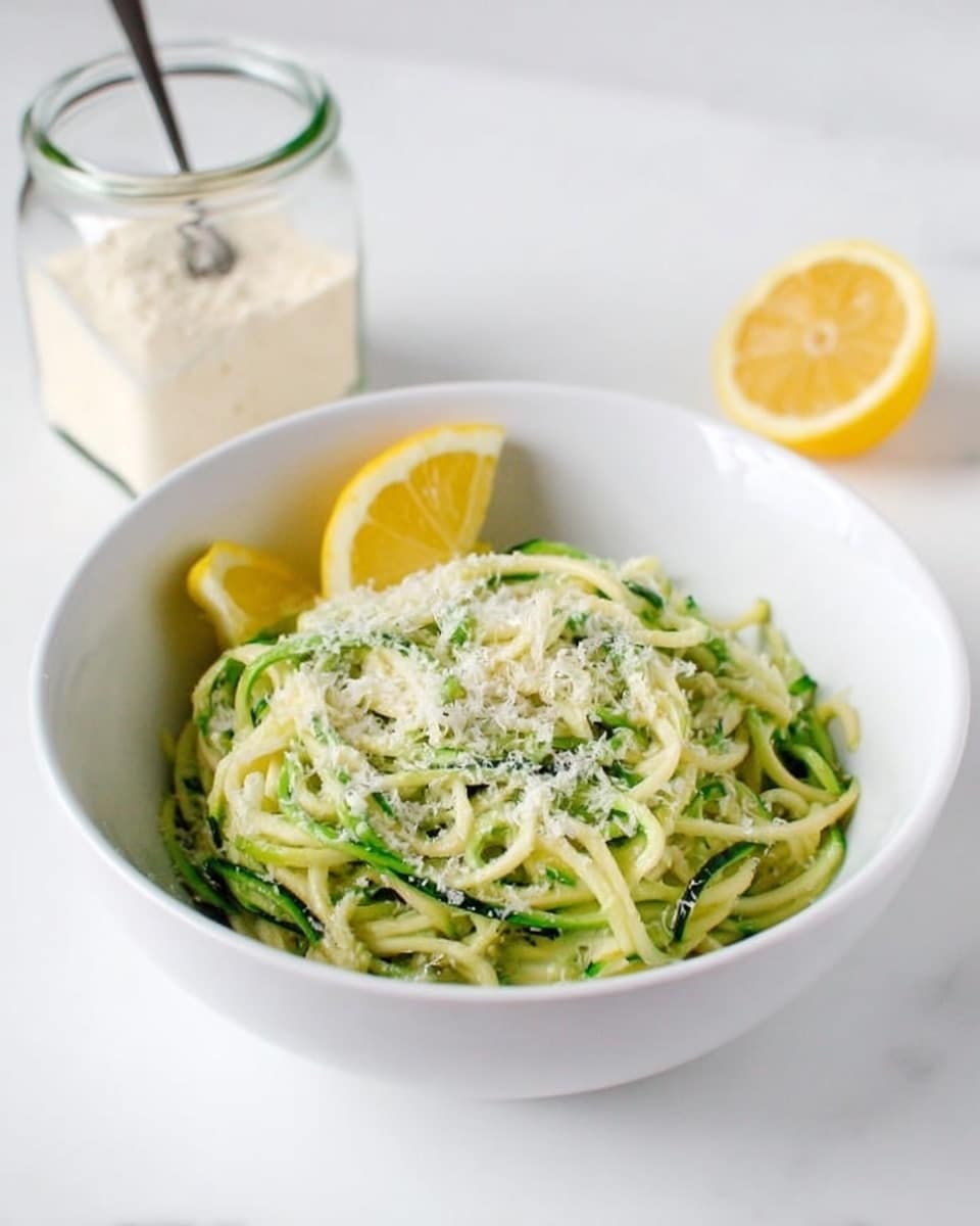 A white bowl filled with a single layer of green zucchini noodles topped with a light sprinkle of grated white cheese, accompanied by two lemon wedges placed on the side inside the bowl. The bowl is set on a white marbled surface, with a clear jar containing a spoon and some more grated cheese slightly blurred in the background. Photo taken with an iphone --ar 4:5 --v 7