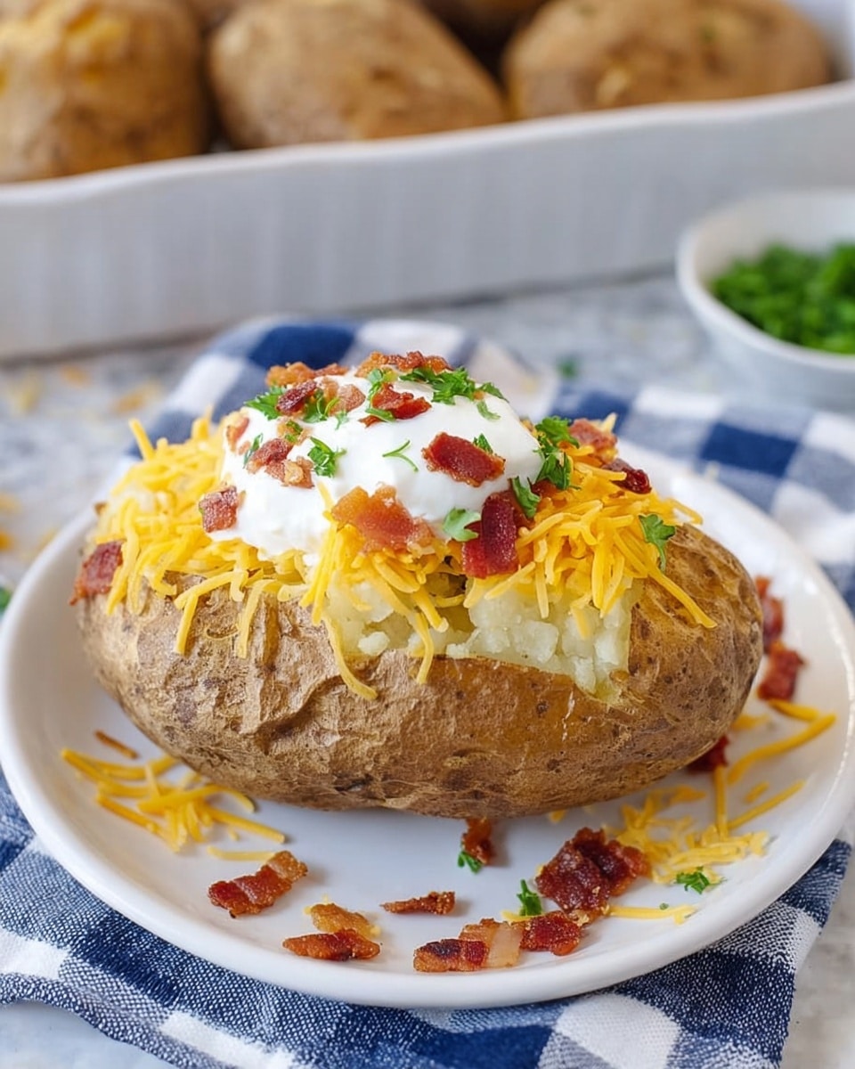 A baked potato sits centered on a white plate with a slightly rough brown skin. The potato is sliced open on top, showing a soft inner layer slightly spilling out. On the top layer is bright yellow shredded cheddar cheese, followed by a thick dollop of white sour cream. Small pieces of crispy reddish-brown bacon and fresh green parsley are sprinkled over the sour cream and around the plate, adding color contrasts. The plate rests on a blue and white checkered cloth, all set against a white marbled surface. In the blurred background, more baked potatoes are visible in a white dish. Photo taken with an iphone --ar 4:5 --v 7