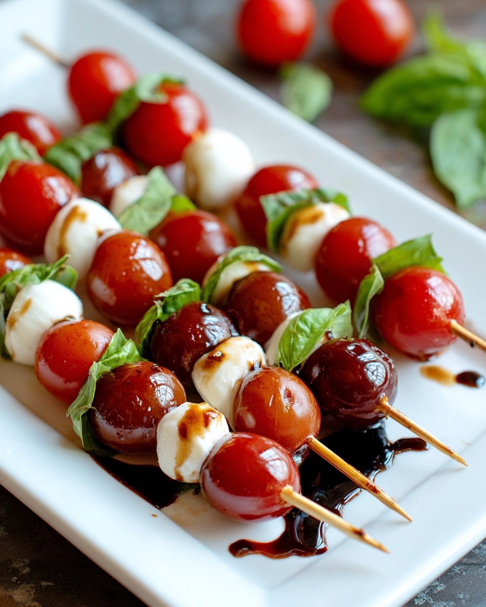 The image shows several skewers arranged on a white rectangular plate, each skewer holding three layers: a shiny red cherry tomato, a small white mozzarella ball, and a fresh green basil leaf in between. The skewers are drizzled with a dark balsamic glaze that pools slightly on the plate. The plate is placed on a white marbled surface, and some cherry tomatoes with basil leaves are blurred in the background. photo taken with an iphone --ar 4:5 --v 7