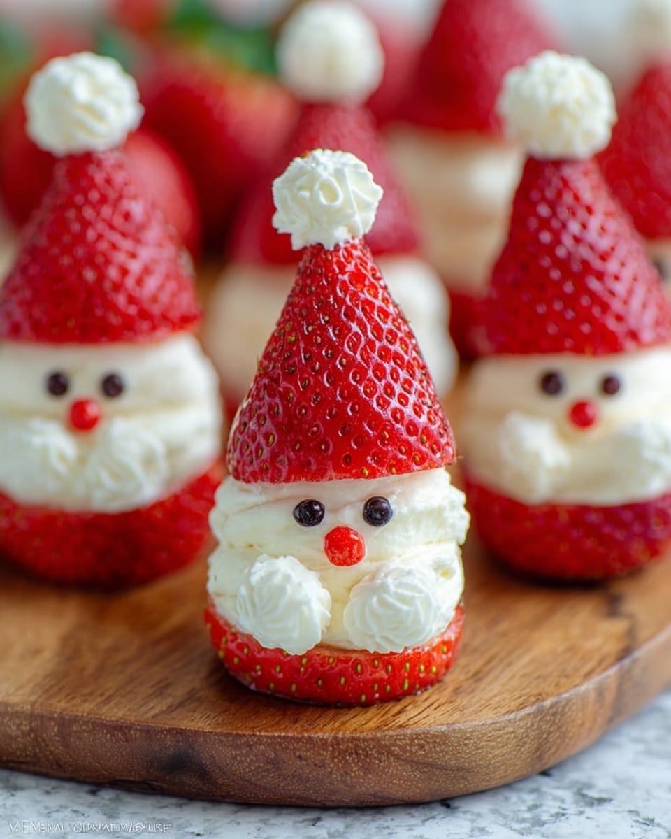 The image shows several small strawberry Santas arranged on a wooden board. Each Santa is made with three layers: a bottom layer of a whole strawberry base, a middle layer of white creamy filling with a soft, fluffy texture, and a top layer of a strawberry cone placed like a hat. The creamy middle layer is decorated with two small dark dots for eyes and a tiny red dot for a nose. On top of each strawberry hat, there is a small dollop of white cream resembling a pompom. The background is out of focus but has a white marbled texture. photo taken with an iphone --ar 4:5 --v 7