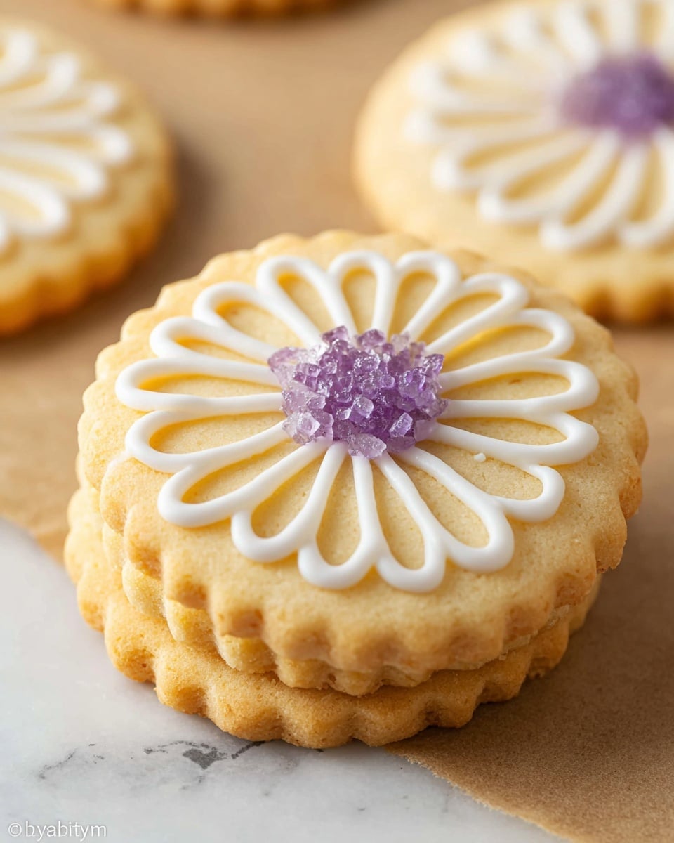 A close-up image of a small round cookie with scalloped edges, pale golden in color, topped with a white icing design that forms 12 petal-like shapes radiating from the center. In the middle of the cookie, there is a cluster of coarse purple sugar crystals adding texture and color contrast. The cookie is stacked on top of two similar plain golden cookies, all placed on a light brown paper surface with other cookies slightly blurred in the background on a white marbled texture. photo taken with an iphone --ar 4:5 --v 7
