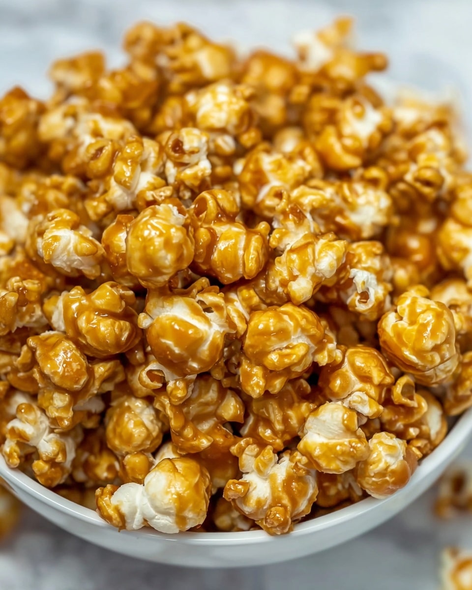 A white bowl filled with crunchy caramel popcorn, each piece covered in a shiny, golden caramel coating that gives a glossy texture. The popcorn pieces are tightly packed, showing curls and small cracks where the caramel clings. The colors vary from light yellow to deep amber, creating a rich, warm look. The background has a soft focus with a white marbled texture giving a clean, bright feel. photo taken with an iphone --ar 4:5 --v 7