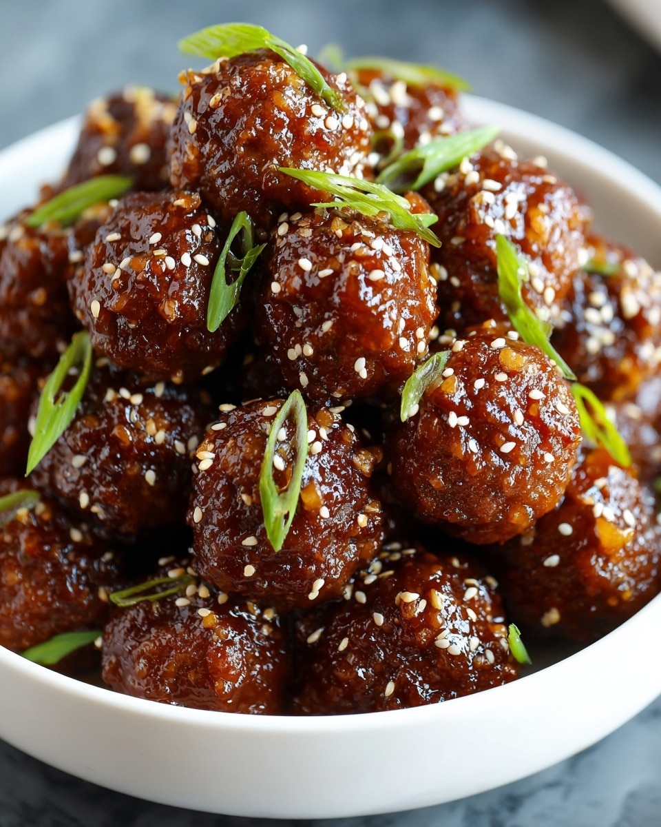 A white bowl filled with a stack of shiny, dark brown meatballs coated in a thick glaze, giving them a glossy and slightly sticky appearance. The meatballs are round and closely packed together, with small white sesame seeds sprinkled evenly on top. Thin slices of bright green scallions are scattered over the meatballs, adding a fresh color contrast. The bowl sits on a white marbled surface, enhancing the rich color of the meatballs. photo taken with an iphone --ar 4:5 --v 7