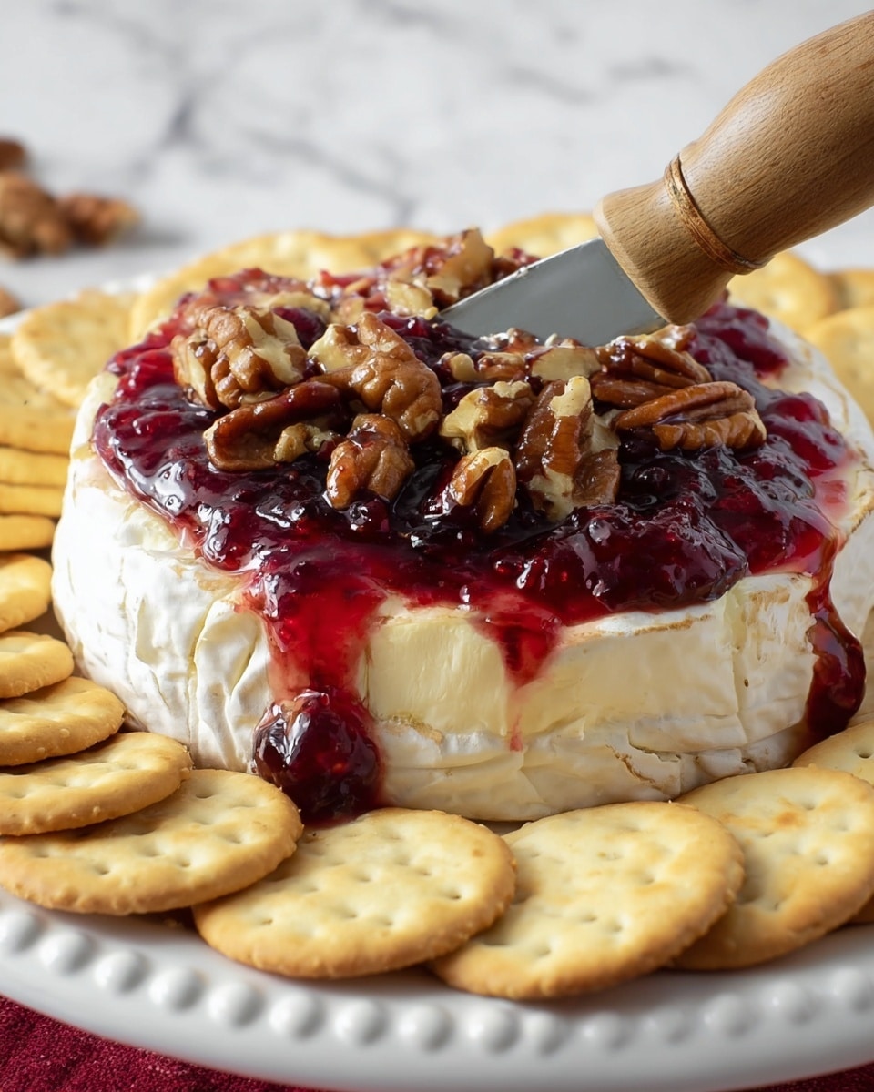 A round wheel of soft white cheese sits on a white plate with a smooth top layer of shiny red berry jam, dotted with chopped brown nuts. A slice is cut out showing creamy pale yellow cheese inside melting slightly. The plate is surrounded by round light golden crackers, one of which holds a dollop of cheese, jam, and nuts. A wooden-handled cheese knife presses into the jam on top of the cheese. The background is a white marbled texture. Photo taken with an iphone --ar 4:5 --v 7