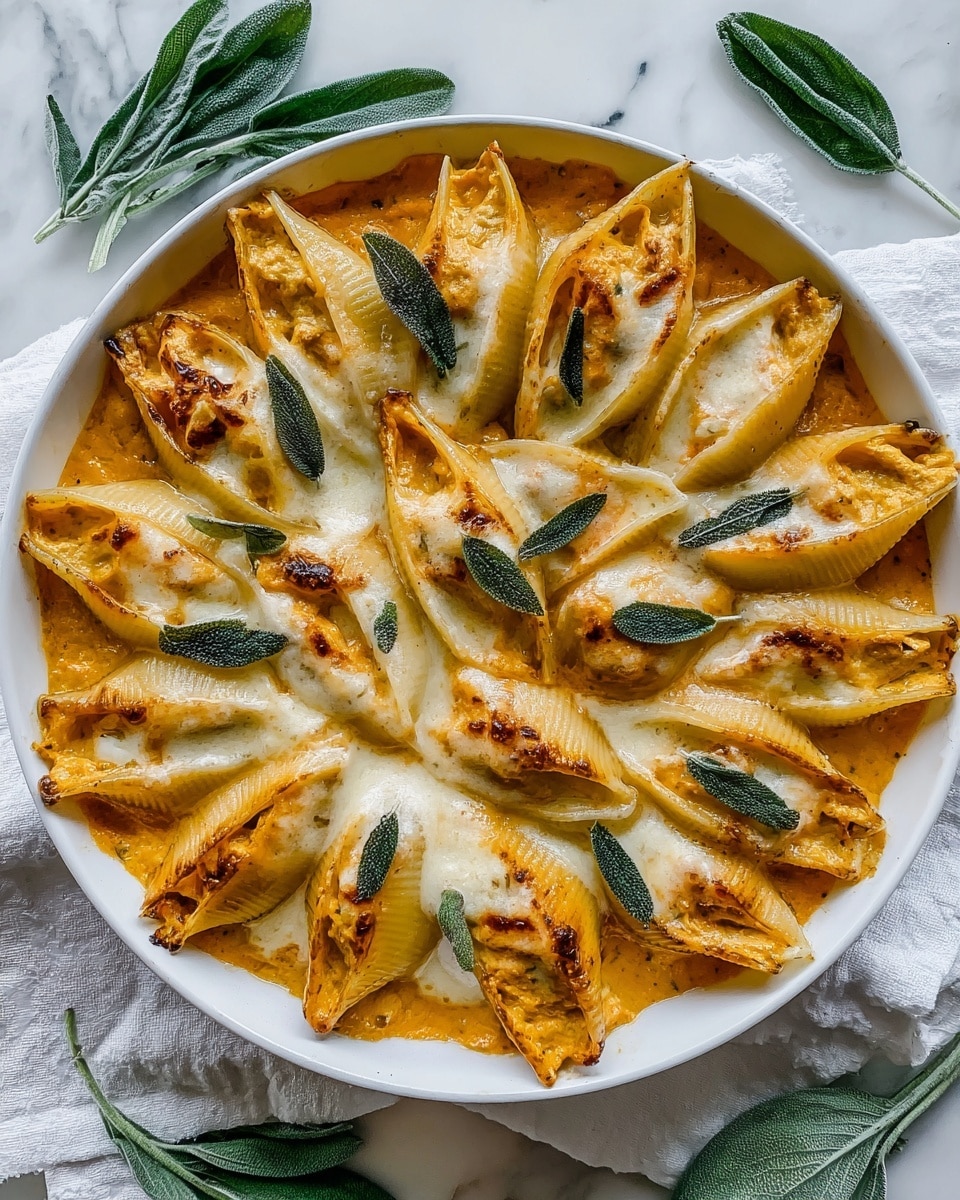 A white round dish filled with one layer of large pasta shells arranged in a circle, each stuffed with a smooth orange filling, likely pumpkin or squash, topped with melted creamy white cheese that is slightly browned and bubbly. Scattered whole green sage leaves rest on top of and between the shells, adding color contrast. The dish is sitting on a white marbled surface with a white cloth partially underneath, and additional sage leaves are placed around the dish. photo taken with an iphone --ar 4:5 --v 7