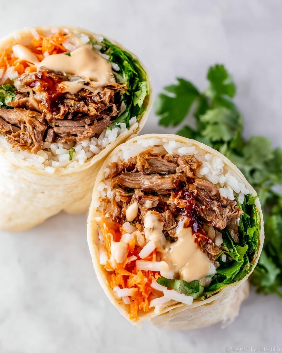 A soft, light beige tortilla lay flat on a white plate with a white marbled surface underneath. The tortilla holds five main layers: first, a neat pile of fluffy white rice on the left side; next to it, a generous portion of dark brown shredded meat with a slightly crispy texture; in the middle, thin strips of bright orange carrots and translucent white pickled vegetables mixed with pale green cucumber slices; on the right, a thick bunch of vibrant green fresh herbs and leafy greens; and finally, a creamy beige sauce is drizzled unevenly over the top, adding a smooth texture to the colorful layers. photo taken with an iphone --ar 4:5 --v 7