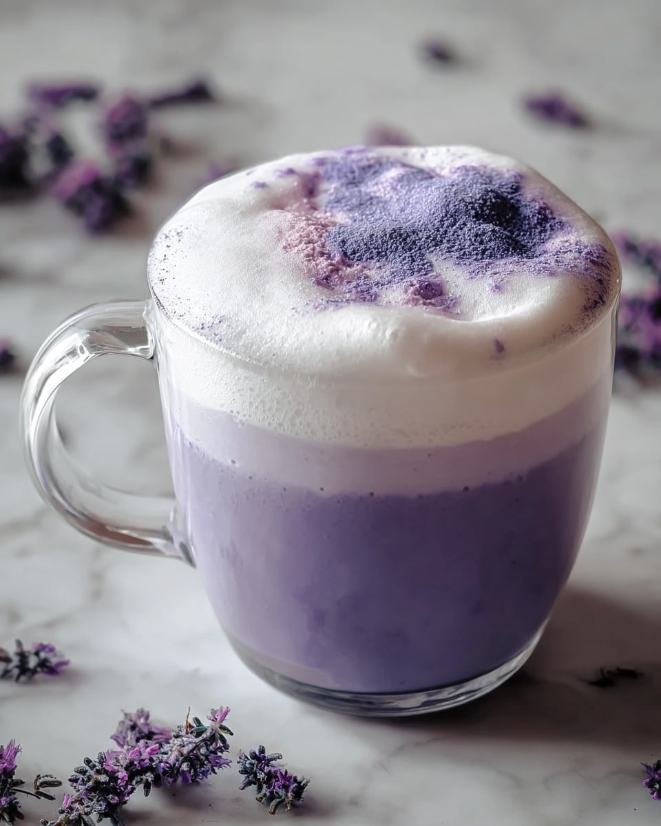 A clear glass mug contains a creamy purple drink as the first layer, smooth and milky in texture, filling most of the cup. On top of this is a second layer of thick white foam that looks soft and fluffy, slightly overflowing the rim. The foam is sprinkled with purple powder unevenly spread across the center. The background shows a white marbled texture with scattered small purple flowers. Photo taken with an iphone --ar 4:5 --v 7