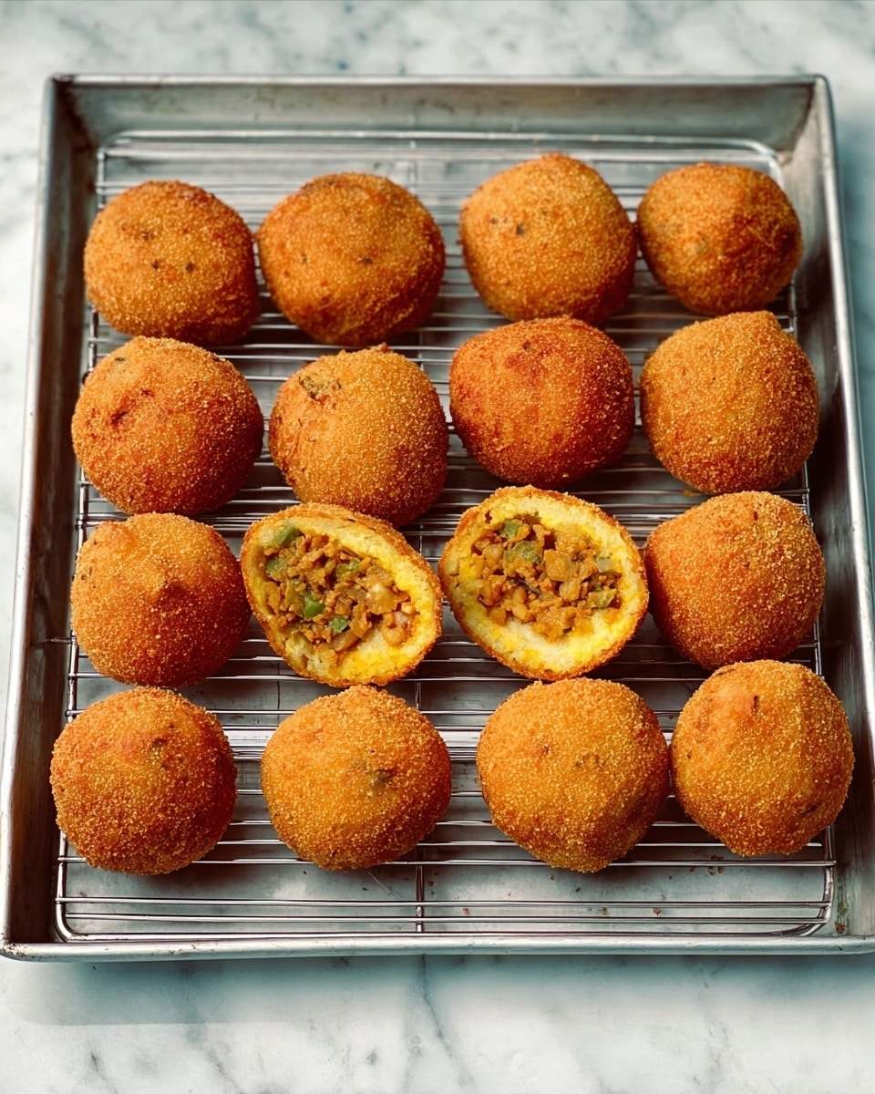 The image shows a metal tray with a wire rack on top, placed on a white marbled surface. On the rack, there are fifteen round, golden-brown fried snacks arranged in three rows. Each snack has a crispy, textured outer layer that looks crunchy. One of the snacks is cut open, showing its inside layers: the outer crispy shell, a soft yellowish layer, and a filling made of small diced vegetables or lentils in light brown and green colors, giving a chunky texture. The snacks appear evenly cooked with a warm tone. photo taken with an iphone --ar 4:5 --v 7