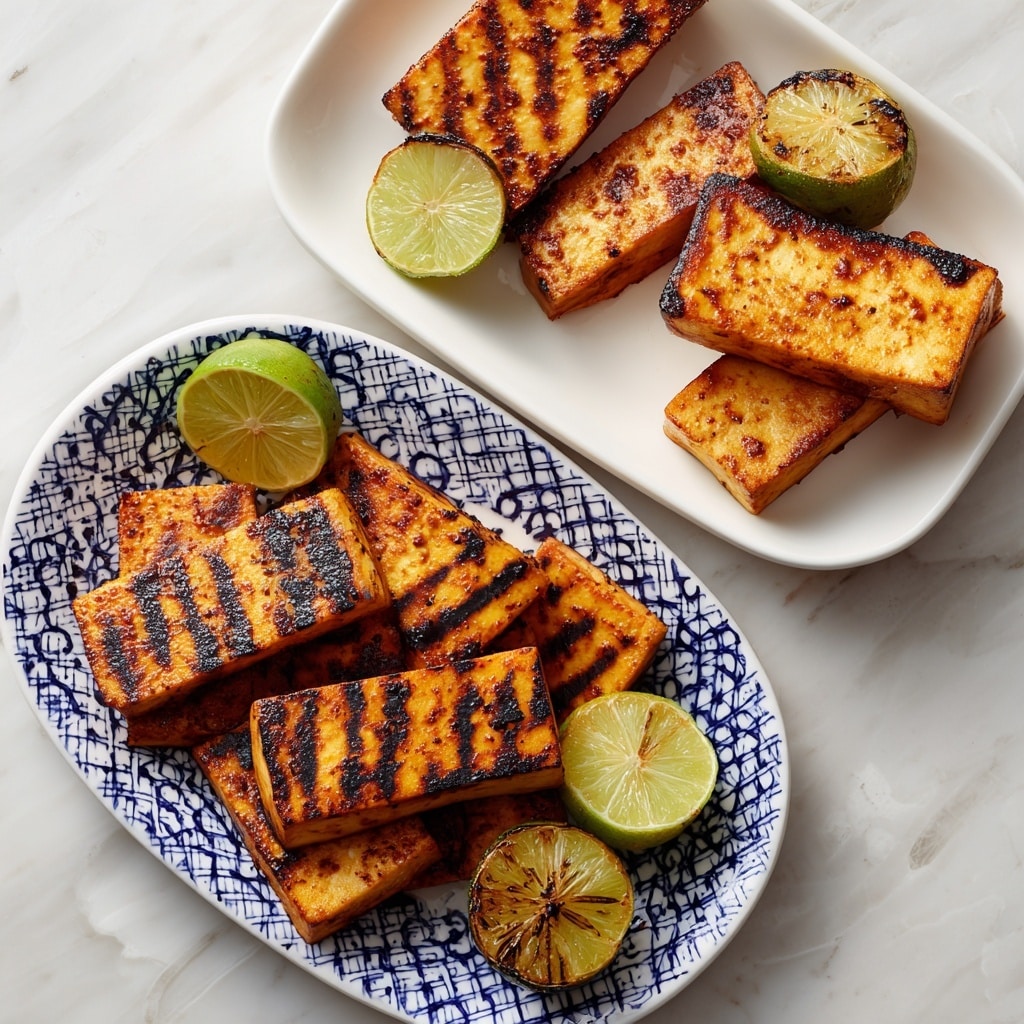 The image shows several rectangular pieces of marinated tofu with dark grill marks on them. The tofu has a golden-brown color with a textured surface, indicating the grilled cooking method. On the grill pan, there is a charred half lime beside the tofu, its green and yellow skin slightly burnt. Below, on a white plate with blue diamond patterns, multiple tofu pieces with similar grill marks are arranged neatly, accompanied by another grilled lime half. The background is a white marbled texture. photo taken with an iphone --ar 4:5 --v 7