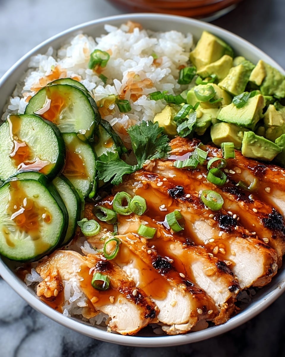 The dish is served in a white bowl filled with three main layers: the bottom layer is white rice, fluffy and soft, covering the whole base; the middle layer consists of sliced grilled chicken breast, golden brown with charred spots, arranged neatly in the center; around the chicken there are fresh green avocado slices on the left and chopped green onions on the right, both bright and vibrant; an orange-brown sauce is drizzled generously over the chicken, avocado, and green onions, adding a glossy finish. The bowl is set on a white marbled surface. Photo taken with an iphone --ar 4:5 --v 7
