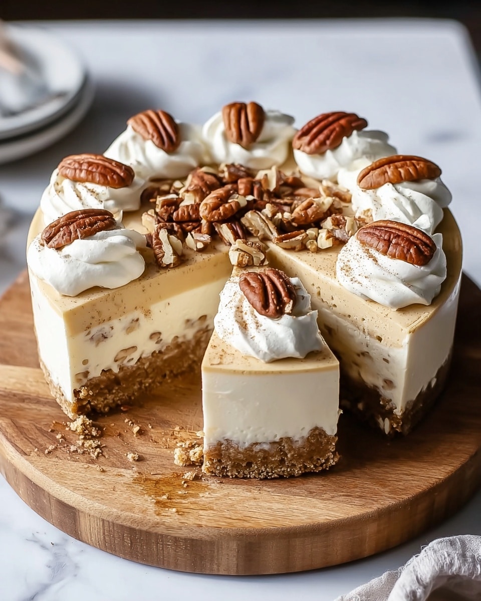 A round cheesecake with three visible layers sits on a wooden board. The bottom layer is a crumbly light brown crust, the middle layer is a thick creamy white filling with small bits inside, and the top layer is a smooth light tan cream. On top of the cake, big white dollops of whipped cream are arranged in a circle, each topped with whole pecan halves and a light sprinkling of cinnamon or nutmeg. One slice is cut out, showing the clean, even layers inside. The cake is on a white marbled surface with soft natural light. photo taken with an iphone --ar 4:5 --v 7