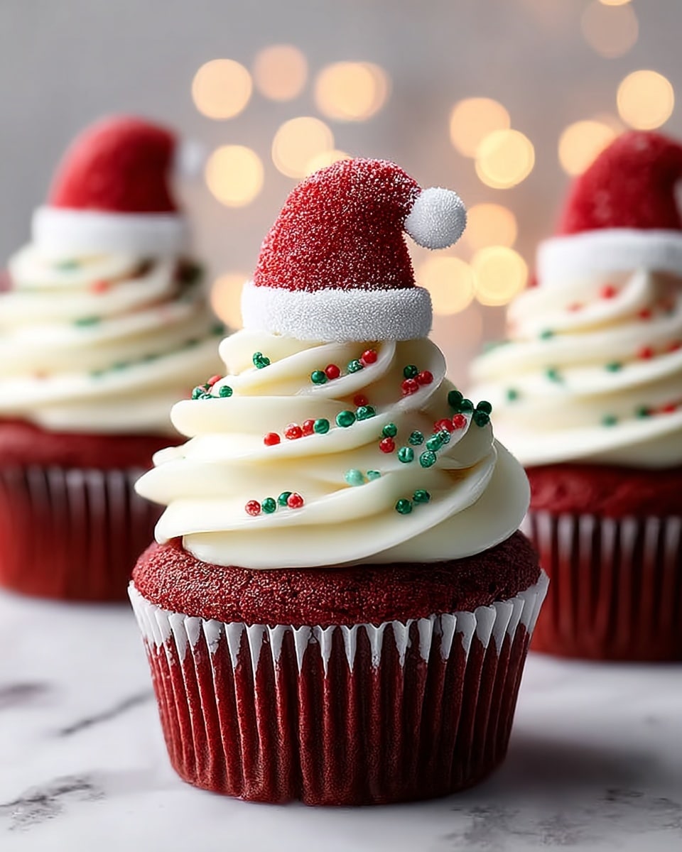 A red velvet cupcake with three layers: the bottom layer is a red, soft cake in a red baking cup, topped by a thick, creamy white frosting swirled smoothly with small red and green round sprinkles on top. The top layer features a small red Santa hat decoration with a white, sugar-coated trim and a white pom-pom on top, sitting snugly on the frosting. In the background are two more cupcakes blurred softly, all set against a white marbled texture. Warm, golden bokeh lights add a cozy holiday feeling. photo taken with an iphone --ar 4:5 --v 7