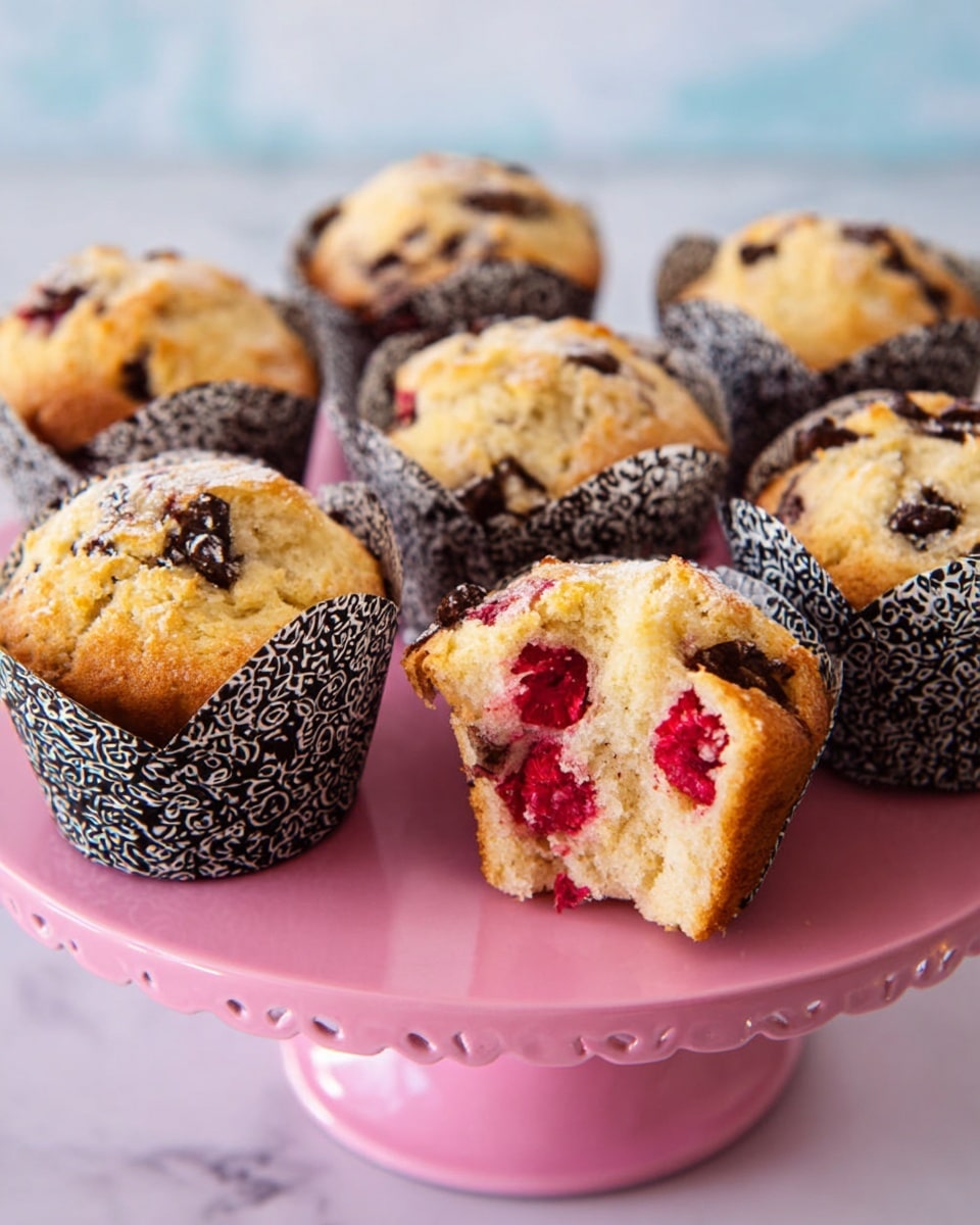 The image shows six muffins arranged on a pale pink cake stand with a scalloped edge, set against a white marbled texture. Each muffin is wrapped in a patterned black and white paper liner. The muffins have a golden top with visible bits of dark chocolate and bright red raspberries baked into the light, fluffy batter. The front muffin is partially unwrapped, revealing its moist texture with raspberries and chocolate chunks inside. The overall scene is bright with a clear focus on the front muffin, showing the detailed texture of the fruit and chocolate. photo taken with an iphone --ar 4:5 --v 7