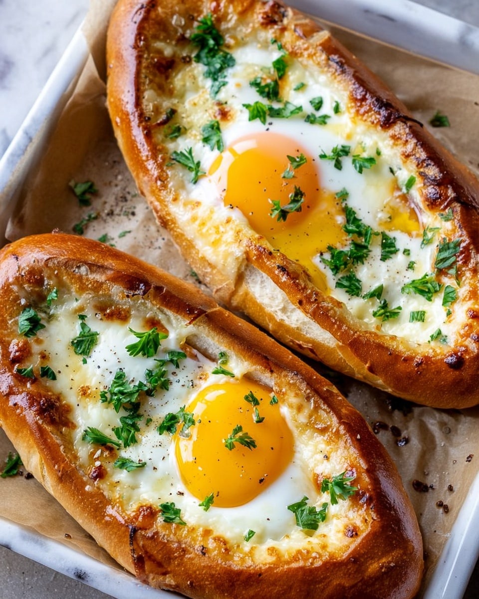 Two baked bread boats with golden-brown crusts sit on parchment paper inside a white marbled tray. Each boat is filled with melted white cheese and topped with a cooked egg, one egg showing a bright yellow runny yolk in the center and the other slightly breaking open. Small green parsley leaves are scattered over the eggs and the bread edges, adding a fresh touch. The bread has a smooth, shiny finish with a few browned spots, and the parchment beneath looks slightly oily with some crispy bits around the bread. Photo taken with an iphone --ar 4:5 --v 7