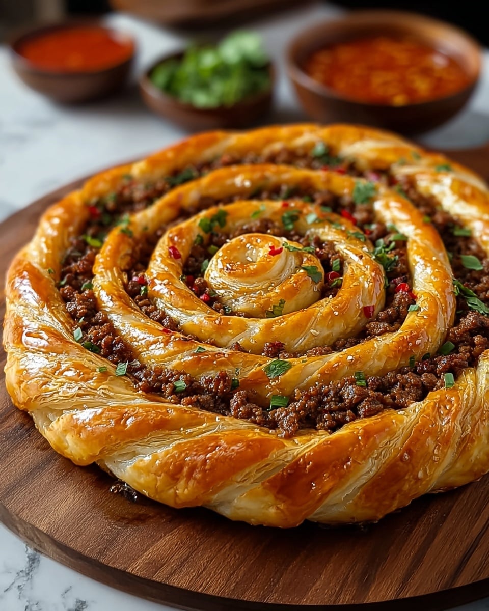 A round spiral meat pie is shown on a dark wooden board. The base layer is a smooth light brown pastry crust forming a thick outer ring with ridged edges. Inside the ring, the next layer is coarse ground cooked beef mixed with small bright red bell pepper pieces and finely chopped green herbs. Over the meat layer, a coiled pastry strip with a golden glossy finish winds inward in a spiral pattern from the edge to the center. The surface underneath is a white marbled texture. In the background, there is a blurred bowl with reddish-brown sauce. photo taken with an iphone --ar 4:5 --v 7
