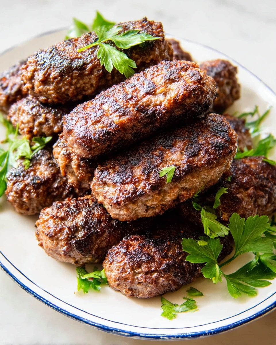 A white plate with a blue rim holds a stack of about ten oval-shaped grilled meat patties, each with a rough, crispy texture and dark brown color from cooking. The patties are arranged in three layers: the bottom layer has four patties, the middle has four, and the top layer has two. Bright green parsley leaves are scattered on and around the patties, adding fresh color contrast. The plate is set on a white marbled surface, and the lighting highlights the juicy, well-cooked surface of the meat. photo taken with an iphone --ar 4:5 --v 7