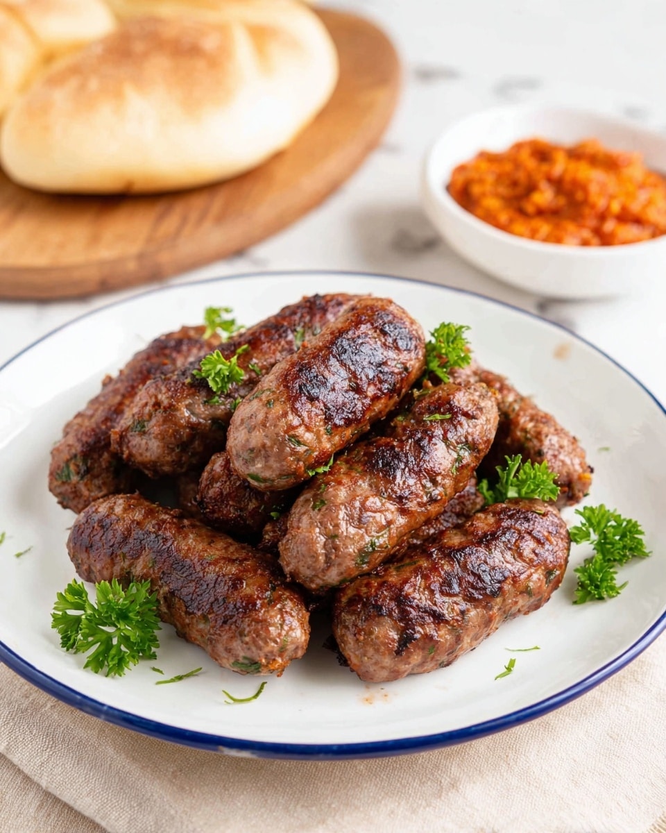 A white plate with a blue rim holds a pile of about twelve grilled meat sausages, each a dark brown with a slightly shiny and textured surface showing small green herb pieces inside. The sausages are arranged in a loose heap in the center of the plate, decorated with small sprigs of bright green parsley placed on and around them. In the background, there is a white bowl filled with a reddish-orange chunky sauce, slightly blurred, sitting on a white marbled surface. To the left, a round, puffed bread rests on a wooden board also on the white marbled surface. photo taken with an iphone --ar 4:5 --v 7
