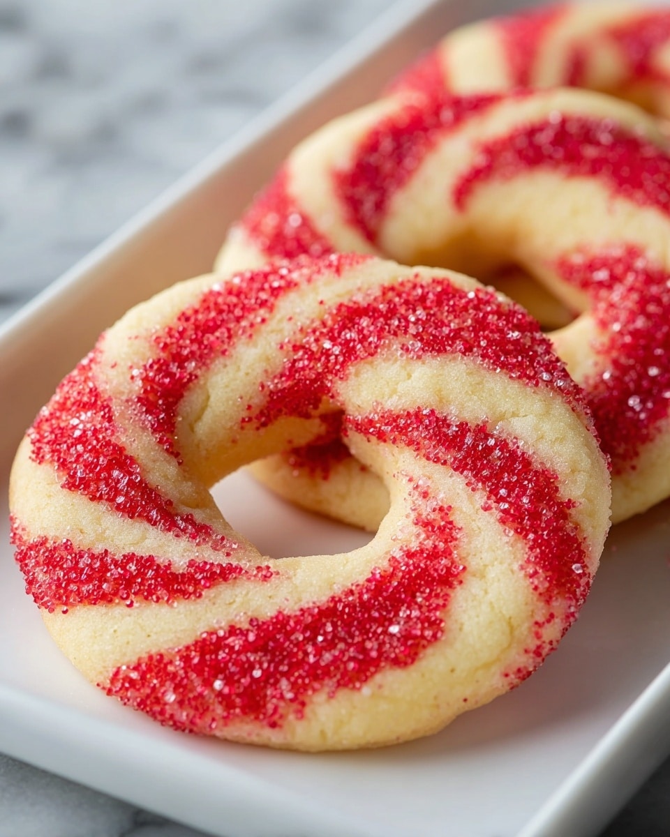 The image shows three round cookies with a hole in the center, shaped like wreaths, each having two main layers. The base layer is a soft, pale yellow dough, smooth in texture. Swirled on top are thick, bright red stripes of sugary coating that add a rough, crystal-like texture, giving a candy-cane look. The cookies are placed side by side on a white tray, which sits on a white marbled surface, giving a clean and simple backdrop. The focus is on the front cookie, showing clear details of the sparkling red sugar crystals contrasting with the soft yellow dough. photo taken with an iphone --ar 4:5 --v 7
