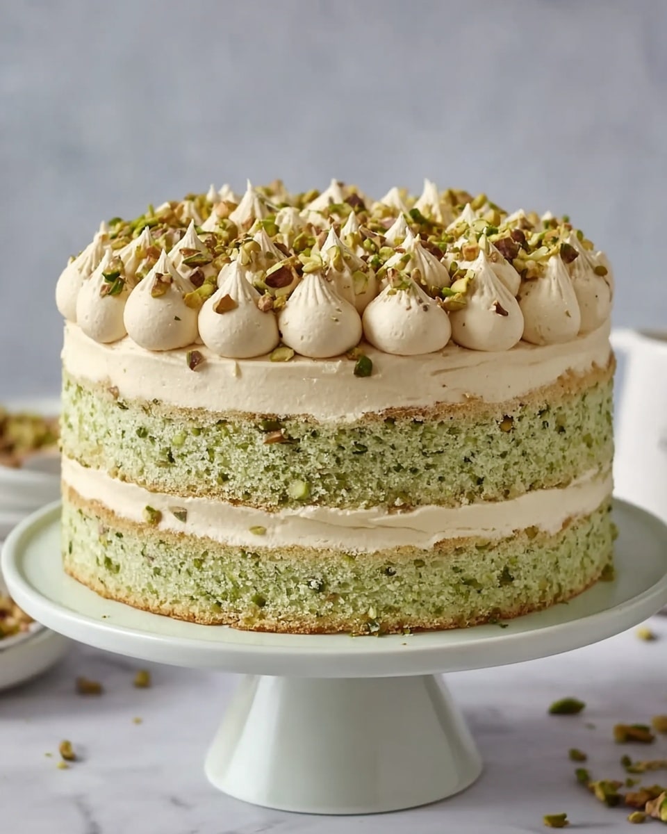 The image shows a two-layer pistachio cake on a white cake stand against a white marbled background. The bottom and top layers are light green with visible bits of pistachio, giving a coarse texture. Between the two cake layers, there is a thick layer of smooth, light beige cream piped in large, round dollops spaced evenly. The top layer of the cake is decorated with similar cream dollops evenly spaced around the edge, with chopped pistachios sprinkled on top and in the center, adding a crunchy texture and green-brown color contrast. The overall look is fresh and inviting. Photo taken with an iphone --ar 4:5 --v 7