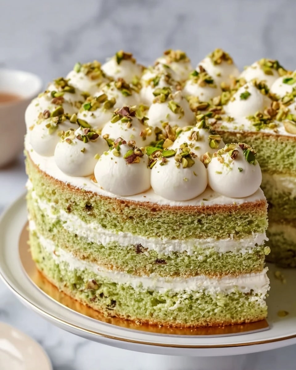 A two-layered pistachio cake with light green crumb full of small chopped pistachio pieces. Between the layers is a thick white cream frosting piped in rounded dollops. The top layer has more dollops of the same cream frosting around the edge, each topped with chopped pistachio pieces, giving a crunchy texture. The cake is on a white plate with a gold rim, placed on a white marbled surface. Photo taken with an iphone --ar 4:5 --v 7