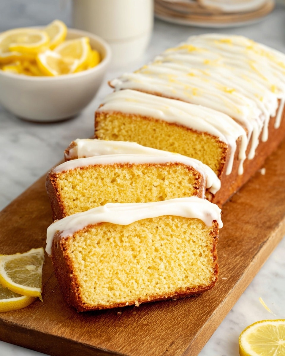 A loaf of lemon cake is sliced into six pieces and laid out in a row on a wooden board, each slice showing a soft, moist, yellow crumb with a slightly darker golden-brown crust along the edges. Each slice is topped with a thick layer of smooth white frosting. On the side of the board, there is a white bowl filled with lemon wedges, and a few lemon pieces are placed on the wooden surface nearby. The scene sits on a white marbled texture surface in the background. photo taken with an iphone --ar 4:5 --v 7