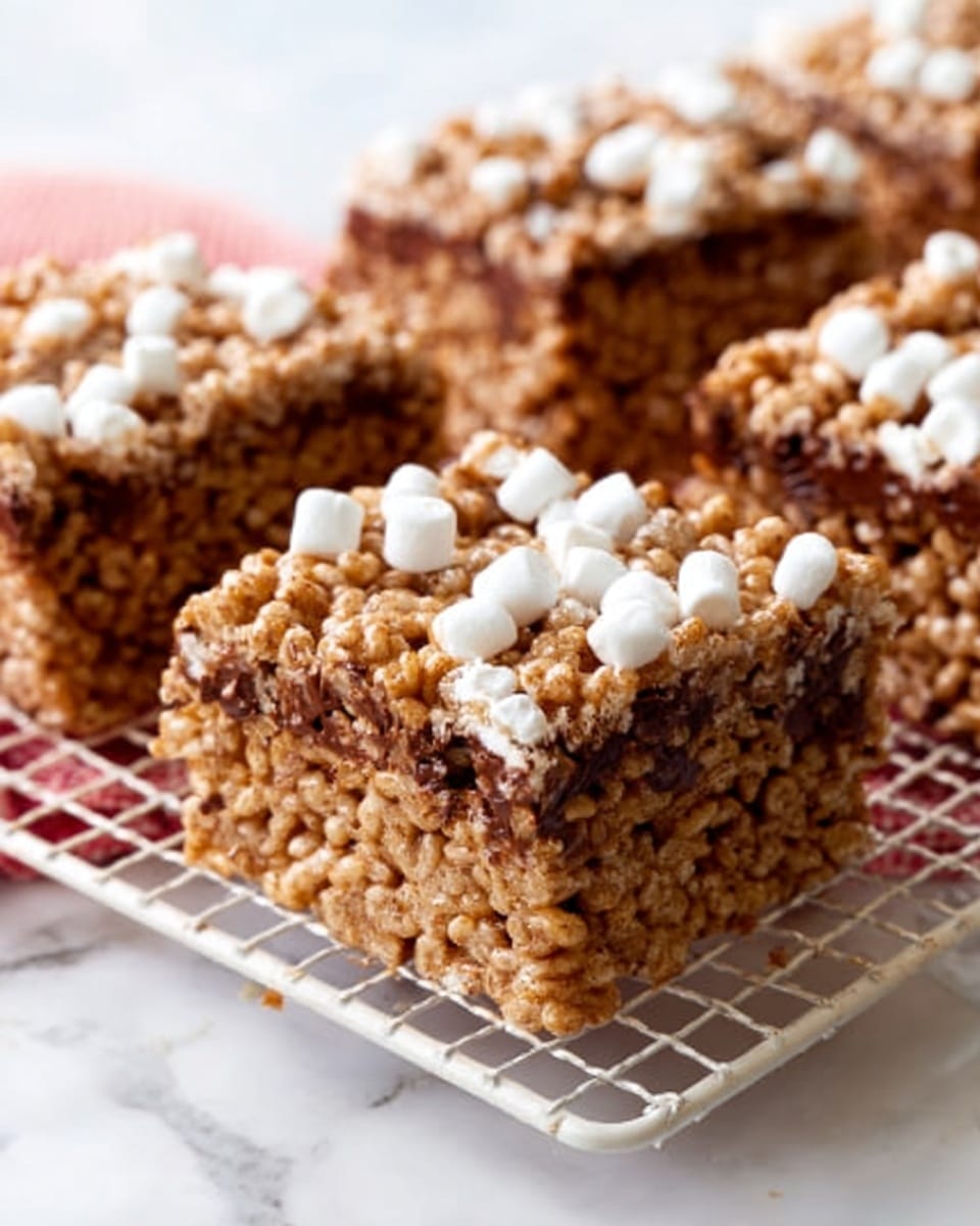 The image shows several square-shaped chocolate oat bars stacked on top of each other on a white marbled surface. Each bar has a rough texture with visible oats and is rich brown in color, with small white mini marshmallows scattered unevenly across the top layer. The bars are thick, with a consistent mix of oats and chocolate throughout. The overall look is dense and slightly sticky. Photo taken with an iphone --ar 4:5 --v 7