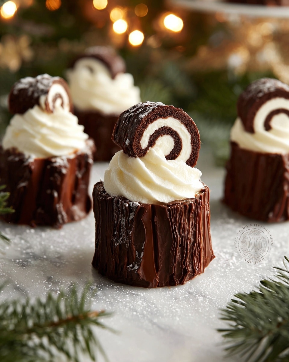 The image shows small chocolate cakes shaped like logs, each covered in textured dark chocolate that mimics tree bark, forming the first layer around the cake. On top, there is a swirl of white cream forming the second layer, smooth and thick. The third layer is a small, round chocolate roll with white cream spirals inside, placed at an angle on top of the cream swirl. The cakes are set on a white marbled surface dusted lightly with powdered sugar, with blurred green pine branches and warm holiday lights in the soft background. photo taken with an iphone --ar 4:5 --v 7