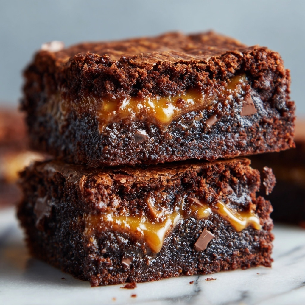 A close-up of a thick, rich, two-layer chocolate brownie with a gooey caramel center oozing out from the middle, topped with flaky sea salt. The dark, cracked crust on top shows a dense, fudgy texture, and shiny melted chocolate spots are visible throughout. The brownie rests on parchment paper over a white marbled surface, with a spoon nearby holding some caramel sauce. In the blurred background, there is a glass jar and a bottle filled with a beige liquid. Photo taken with an iphone --ar 4:5 --v 7