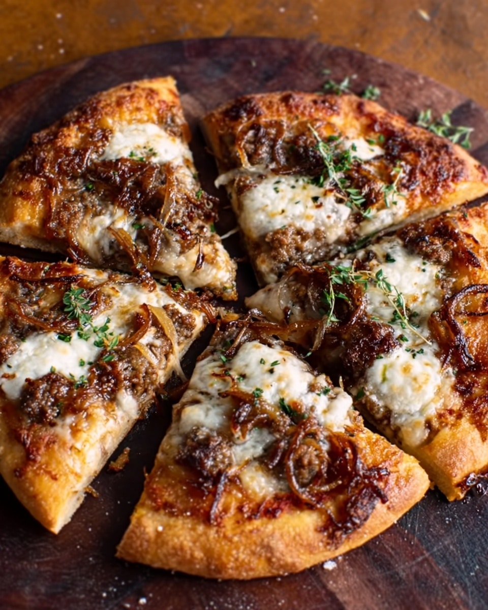 The image shows a pizza cut into eight slices on a round wooden board. The pizza has a golden-brown crust. The first layer is melted cheese that looks creamy and smooth, covering the whole base. On top, there are thin slices of mushrooms and dark purple onions scattered evenly. Small bits of herbs are spread across the pizza for added texture. There are small white cheese shreds sprinkled on the top. The wooden board rests on a white marbled surface. Photo taken with an iphone --ar 4:5 --v 7