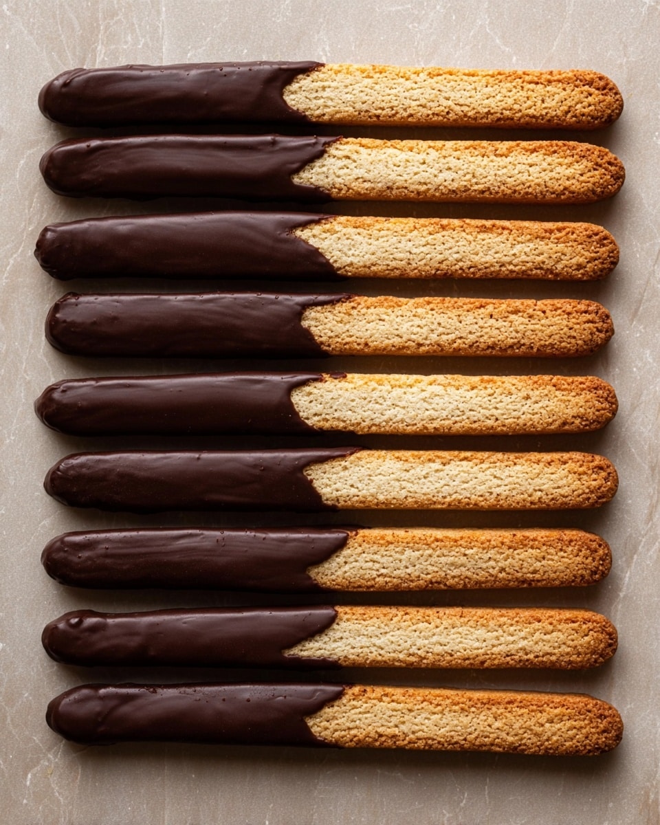 The image shows ten long, thin cookie sticks lined up side by side on a flat surface with a white marbled texture. Each cookie has two layers: the bottom half is a light golden-brown baked biscuit with a grainy texture, while the top half is coated in a smooth, dark brown glossy chocolate. The chocolate layer covers about half of each stick evenly, showing a clear contrast between the two parts. The cookie sticks are arranged parallel and close to each other, creating a neat and orderly look. photo taken with an iphone --ar 4:5 --v 7