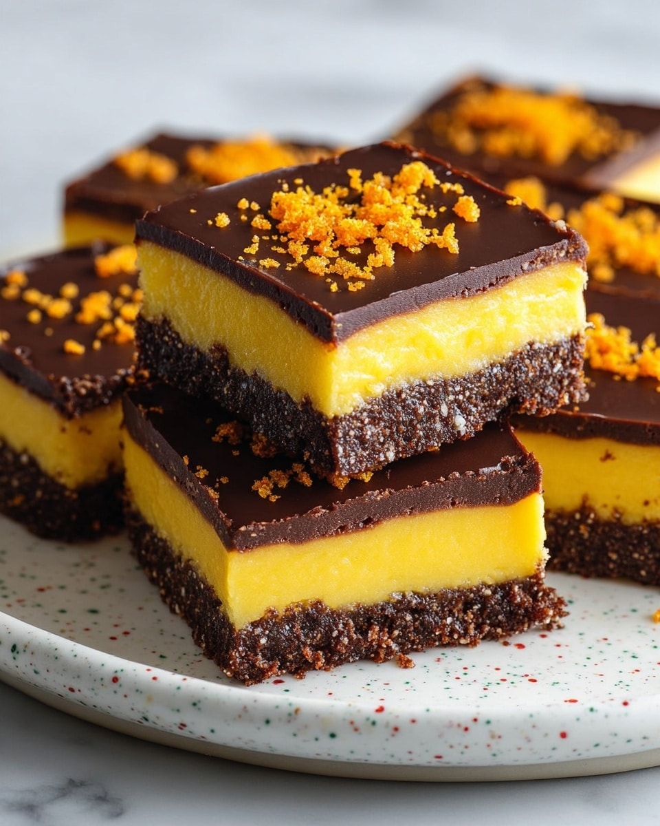 The image shows several square dessert bars on a white plate with colorful speckles. Each bar has three clear layers: a thick, rough-textured dark brown base made of crumbly chocolate, a smooth and thick bright yellow middle layer with a creamy texture, and a shiny dark chocolate top layer. The top layer is sprinkled with small orange crumbs for decoration. The bars are stacked with one piece resting on top of two others. The plate sits on a white marbled surface. photo taken with an iphone --ar 4:5 --v 7