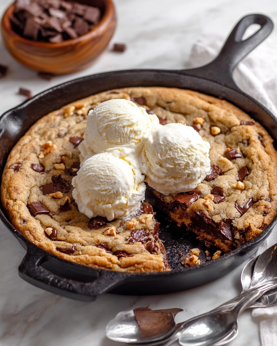 A round chocolate chip cookie skillet with one layer, showing a golden-brown baked dough base filled with evenly spread melted dark chocolate chunks and chips. The surface is lightly cracked with glossy, gooey spots where the chocolate has melted. It is served in a black cast iron skillet, placed on a white marbled background. photo taken with an iphone --ar 4:5 --v 7