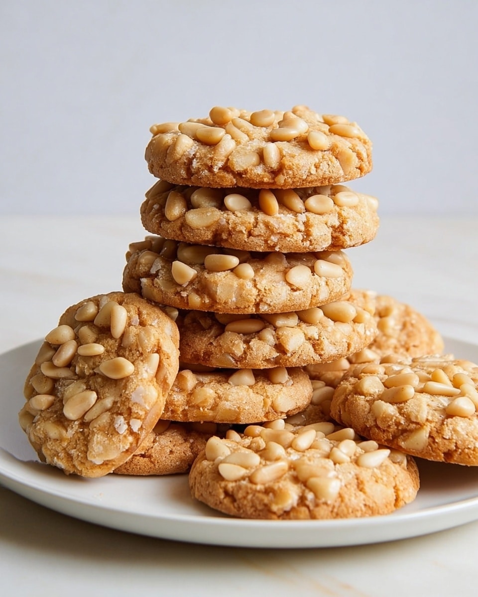 A stack of five golden brown cookies sits in the center of a white plate with subtle pink swirl patterns, each cookie topped with large, light beige peanut pieces, giving them a chunky texture. One cookie leans on the stack, showing the peanut pieces clearly on top, and another cookie is broken into two pieces in the front right of the plate, revealing a soft, crumbly inside with more peanuts embedded. The background is a clean white marbled texture. photo taken with an iphone --ar 4:5 --v 7