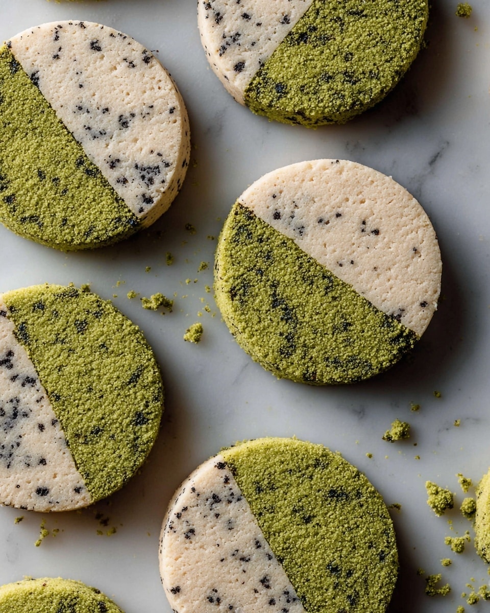 The image shows several round cookies, each divided into two equal halves. One half is pale beige with small black specks scattered throughout, giving it a dotted texture. The other half is a textured dark green, resembling matcha powder in color and roughness. The cookies are placed closely together on a white marbled surface, with small crumbs visible around some edges. photo taken with an iphone --ar 4:5 --v 7