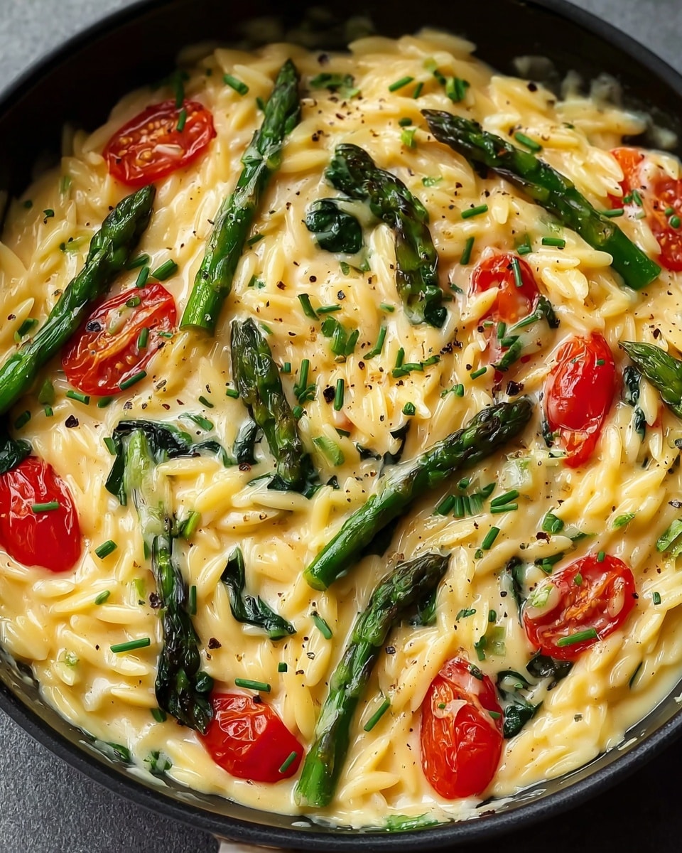 The dish is a creamy orzo pasta served in a black pan, with about three main layers visible: the first layer is a creamy, pale yellow sauce coating the orzo pasta which has a smooth and slightly glossy texture; scattered evenly throughout the pasta are bright red cherry tomato halves with a juicy, glossy look; green asparagus spears, placed on top and throughout the dish, add a fresh green color with a firm texture; small pieces of dark green spinach are mixed within the pasta, adding contrast; the dish is sprinkled with finely chopped chives and a few black pepper flakes on top, giving it a peppery touch and a pop of dark green and black. The overall look is rich and inviting, with creamy, fresh, and vibrant colors. photo taken with an iphone --ar 4:5 --v 7