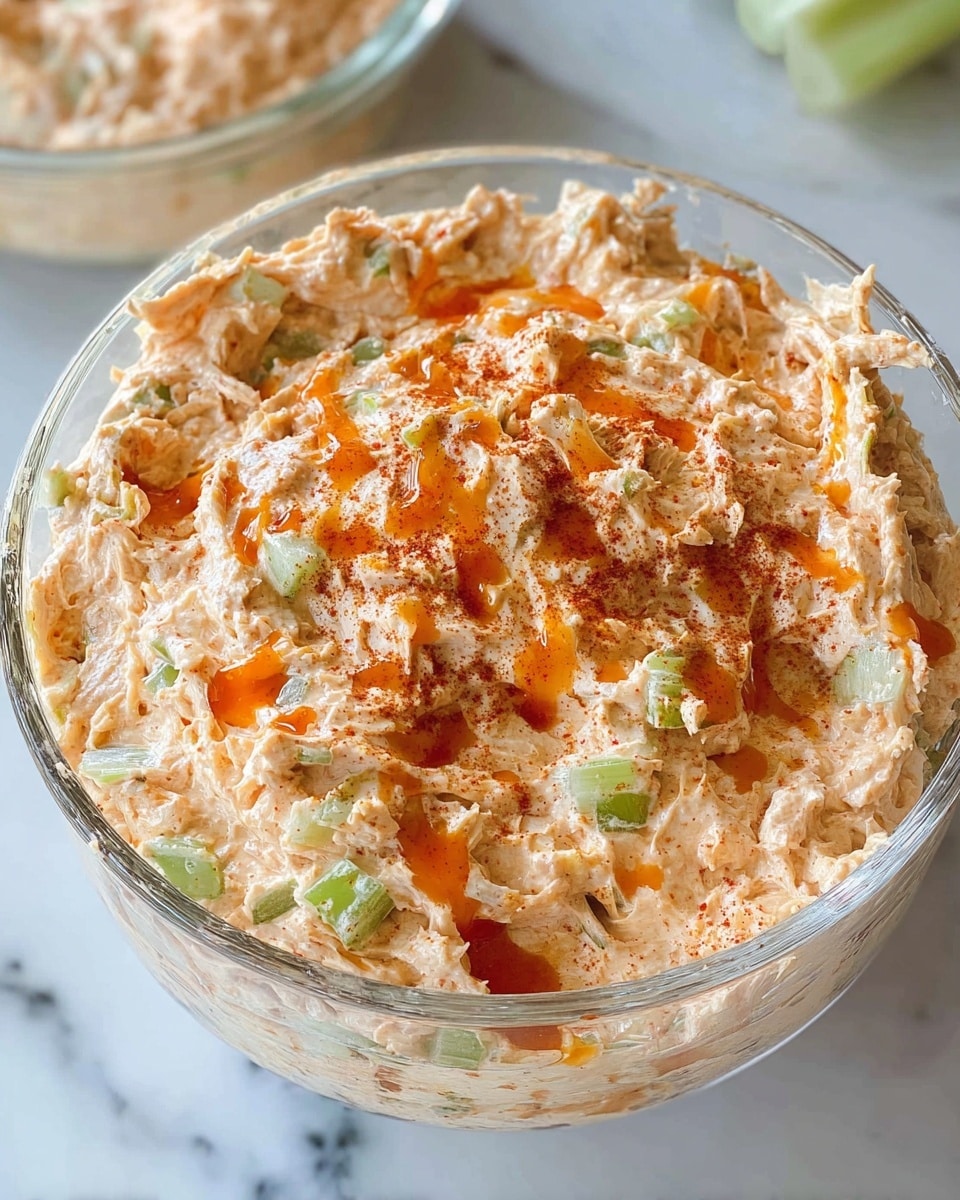 A clear glass bowl filled with a creamy, textured spread that has a light orange-beige color mixed with small green bits of chopped celery scattered throughout. The spread looks thick and slightly rough with visible shreds and chunks. On top, there is a vivid drizzle of bright orange hot sauce and a light dusting of red paprika powder, adding color contrast. The bowl sits on a white marbled surface, and a part of another container with a similar light-colored spread is visible blurred in the background. photo taken with an iphone --ar 4:5 --v 7