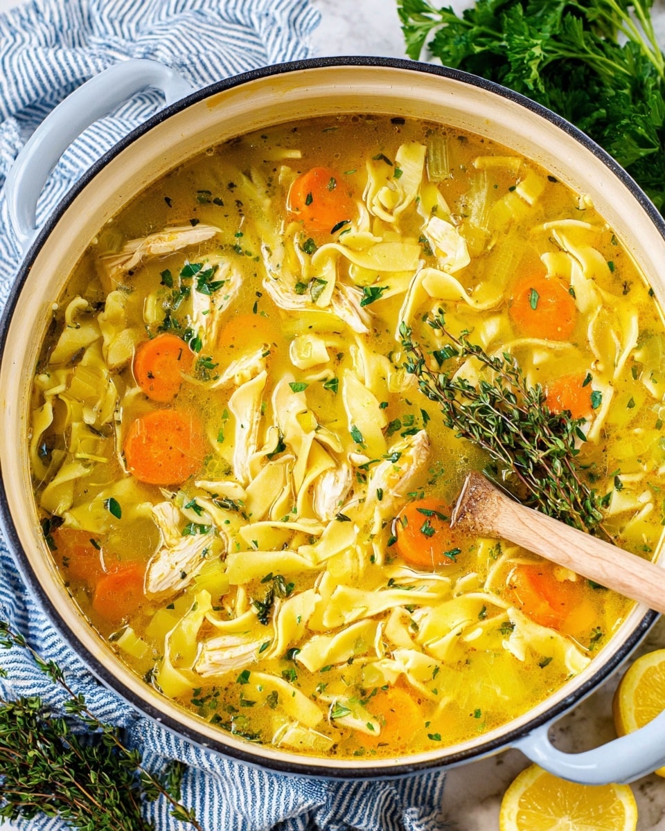 A large white pot filled with thick chicken noodle soup sits on a white marbled textured surface. The soup is made up of wide yellow egg noodles, bright orange carrot slices, and chunks of white chicken in a golden broth. Green herbs like parsley and thyme float on top, with a whole sprig of thyme resting prominently. A wooden spoon is dipped into the soup on the right side, and fresh parsley and lemon halves are scattered nearby on the white marbled surface. The pot handles are light gray, and the scene includes a striped blue and white towel partially under the pot. Photo taken with an iphone --ar 4:5 --v 7