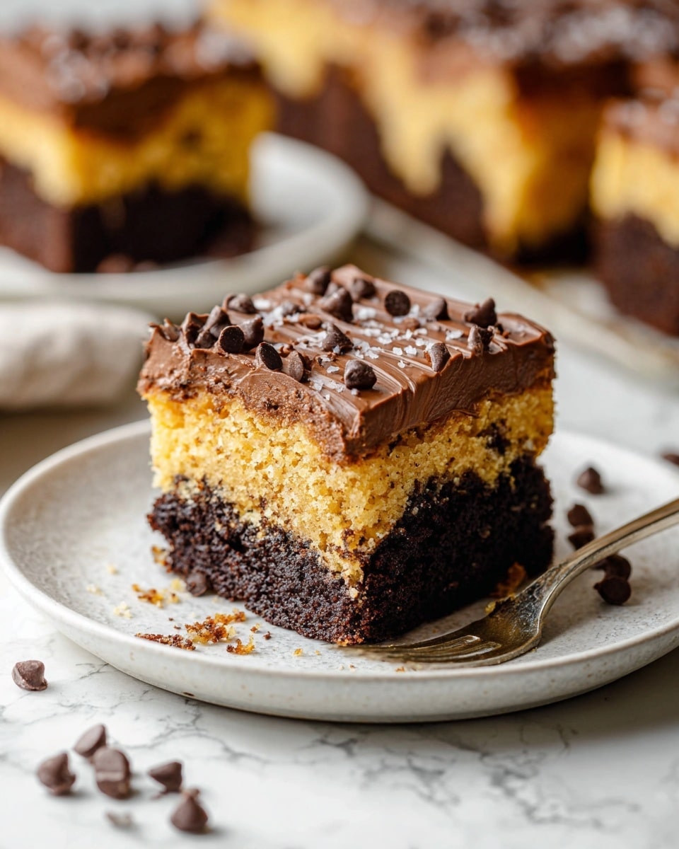 A close-up image of a single square piece of cake on a white plate with a white marbled background. The cake has three visible layers: a bottom thick dark brown chocolate layer with a moist texture, a middle golden yellow cake layer mixed with bits of chocolate, and a top thick creamy chocolate frosting layer decorated with small dark chocolate chips and a sprinkle of coarse salt. Around the plate, there are some scattered chocolate chips and crumbs. In the background, out of focus, more pieces of the same cake sit on another white plate. A fork lies next to the cake on the plate. Photo taken with an iphone --ar 4:5 --v 7