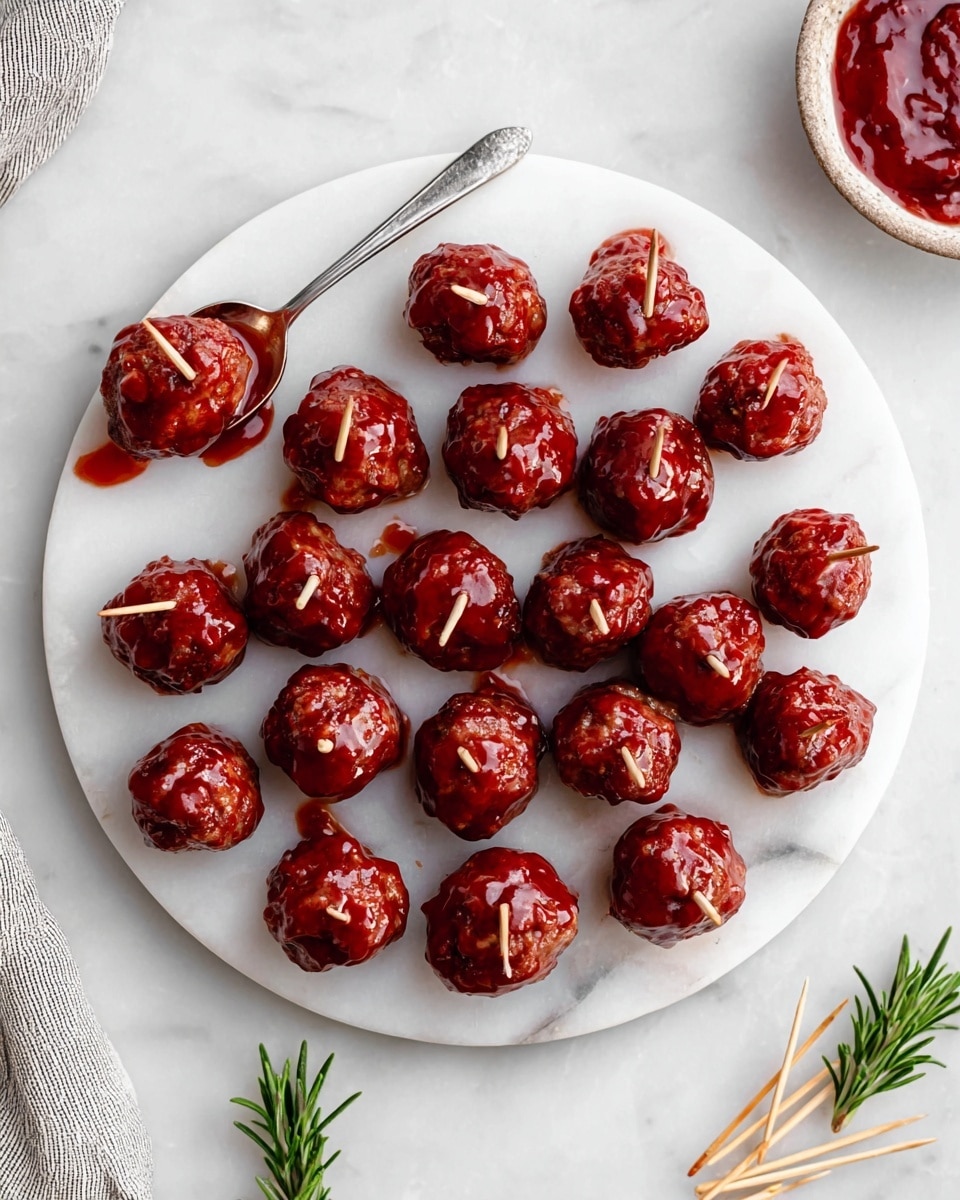 A round white marble plate holds 24 small meatballs coated in a shiny, deep red sauce, each with a short wooden toothpick inserted into its center. The meatballs are arranged in neat rows with an even spacing between them. To the left of the plate is a silver spoon dipped in the same red sauce, resting on a white marbled surface. Small green sprigs of rosemary are placed in the top right and bottom right corners of the image, and a small cluster of wooden toothpicks lies near the bottom right edge. The overall scene is bright with soft lighting. photo taken with an iphone --ar 4:5 --v 7