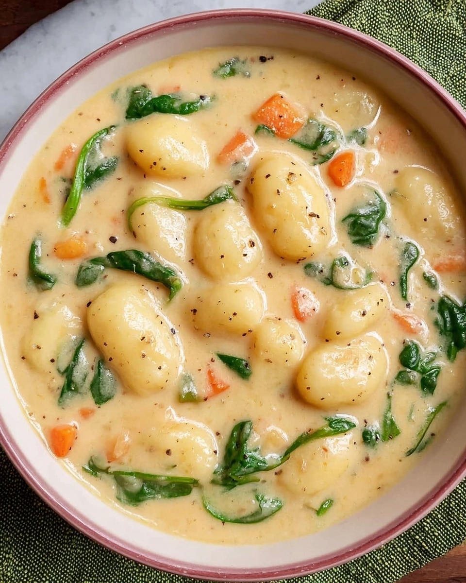 A close-up view of a bowl filled with creamy gnocchi soup. The soup has a thick, light yellow creamy base with small bits of black pepper scattered throughout. Inside the soup are plump, soft gnocchi pieces that are pale yellow and smooth, with some small orange carrot slices and bright green spinach leaves mixed evenly. The bowl is white with a pinkish rim, placed on a white marbled surface next to a green textured cloth. photo taken with an iphone --ar 4:5 --v 7